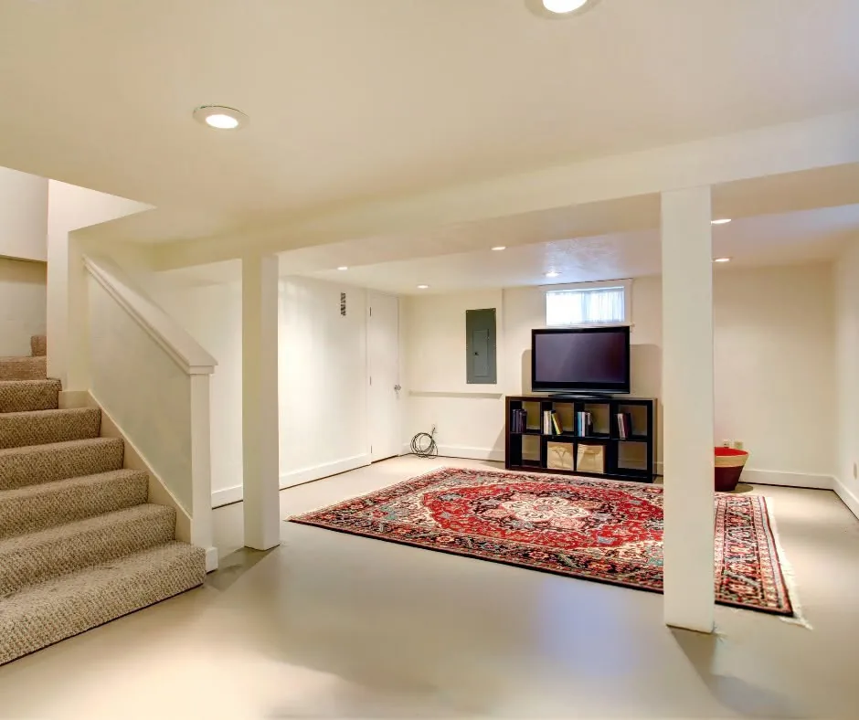 Finished basement renovation with recessed lighting and modern flooring
