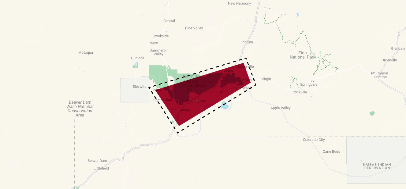 Service area map showing One Stop Construction coverage across Washington County and Southern Utah